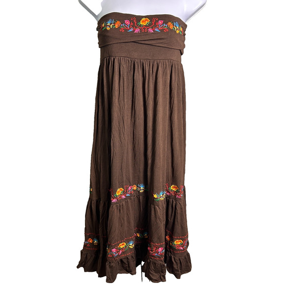 Vintage 90s Lapis Embroidered Sleeveless Boho Midi Dress Womens L Brown Foldover - Picture 1 of 7